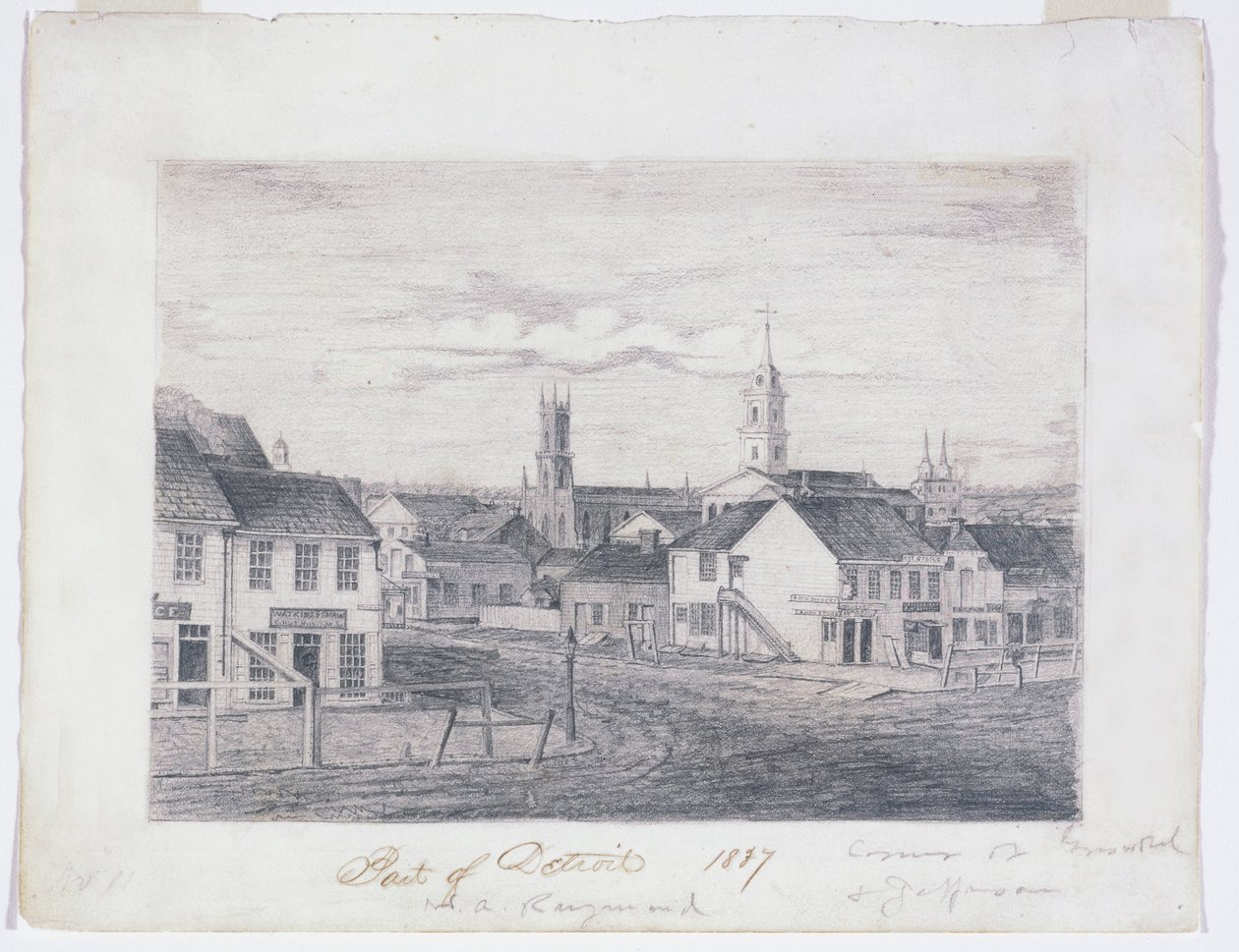 Osa Detroitia vuonna 1837, n. 1837 (grafiittikynä kudotulla paperilla) tekijältä William Asa Raymond