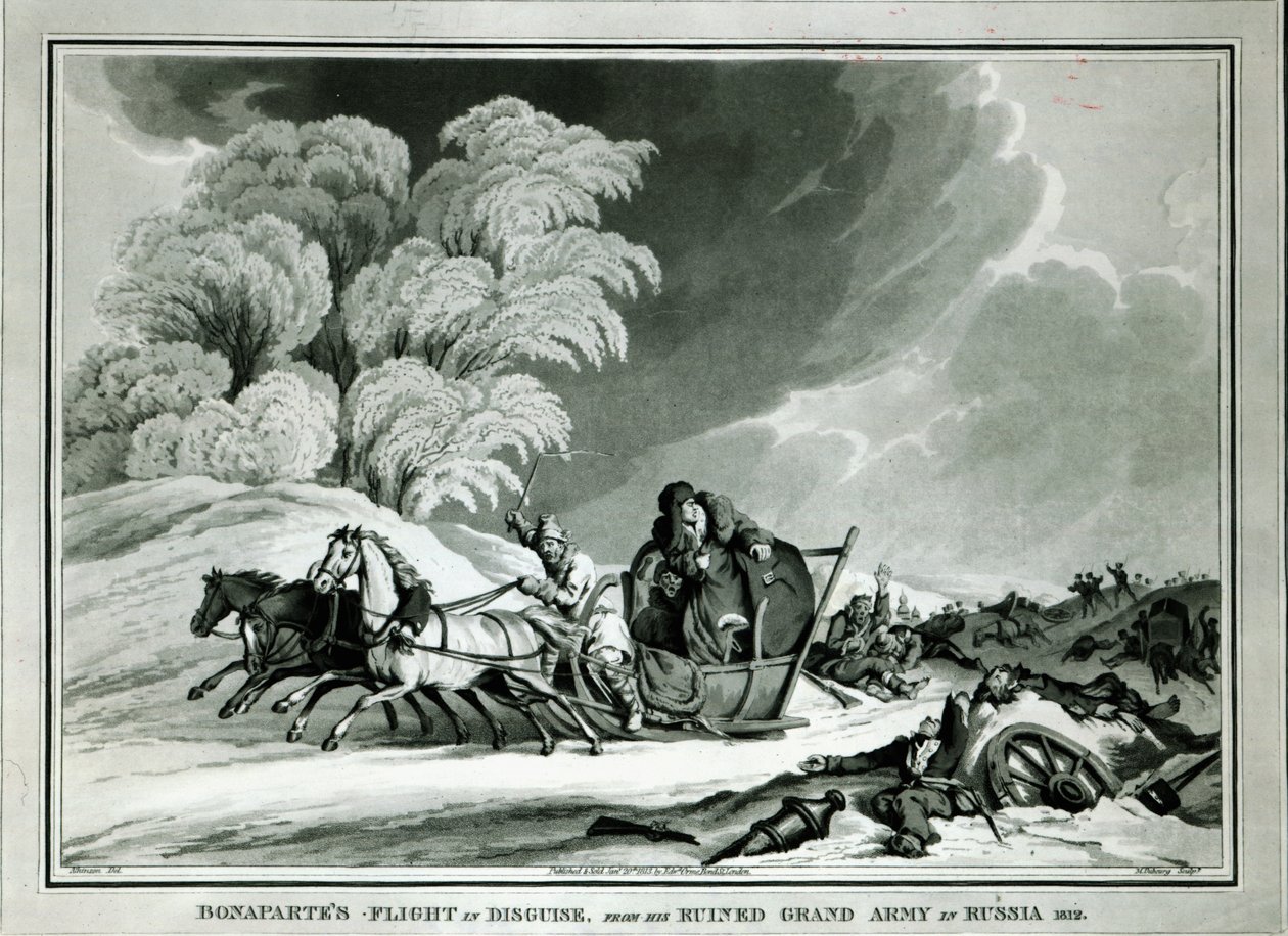 Napoleon valepuvussa vetäytyessään Venäjältä vuonna 1812 (akvatinta) tekijältä William Atkinson