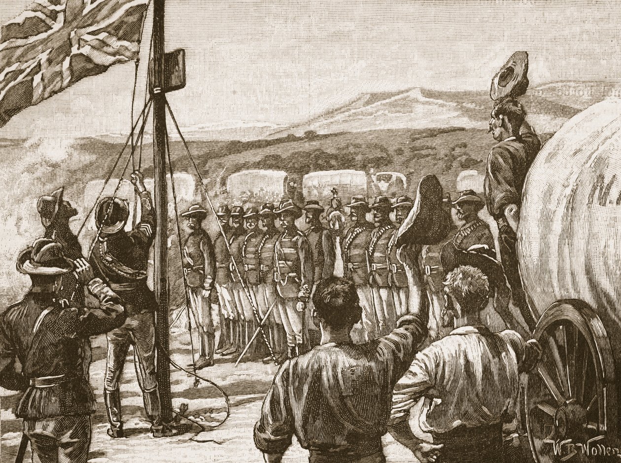 Brittiläisen Etelä-Afrikan yrityksen uranuurtaja Mashonalandissa, 1890, kuvitus julkaisusta "Cassell