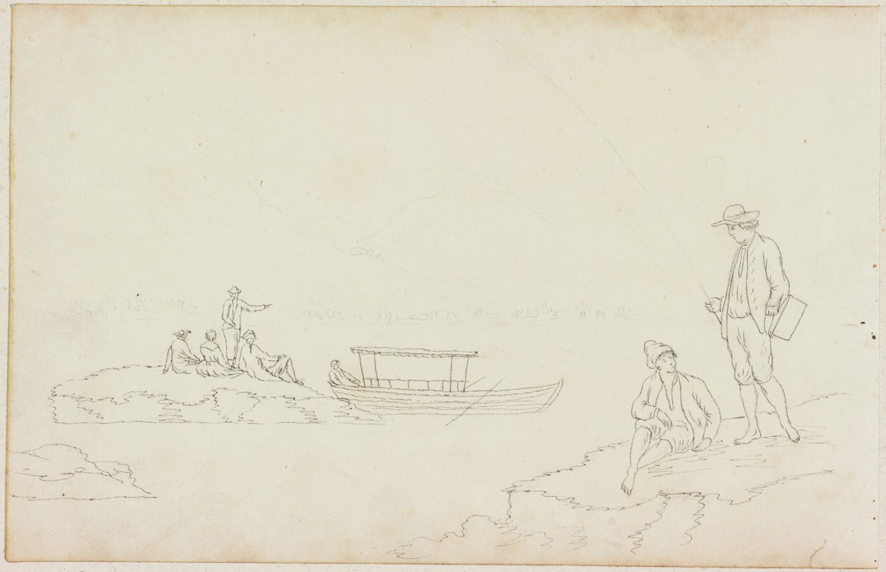 Mies kalastaa ja ihmiset rentoutuvat joen rannoilla (kynä paperille (paperille M752:lla)) tekijältä William Beilby