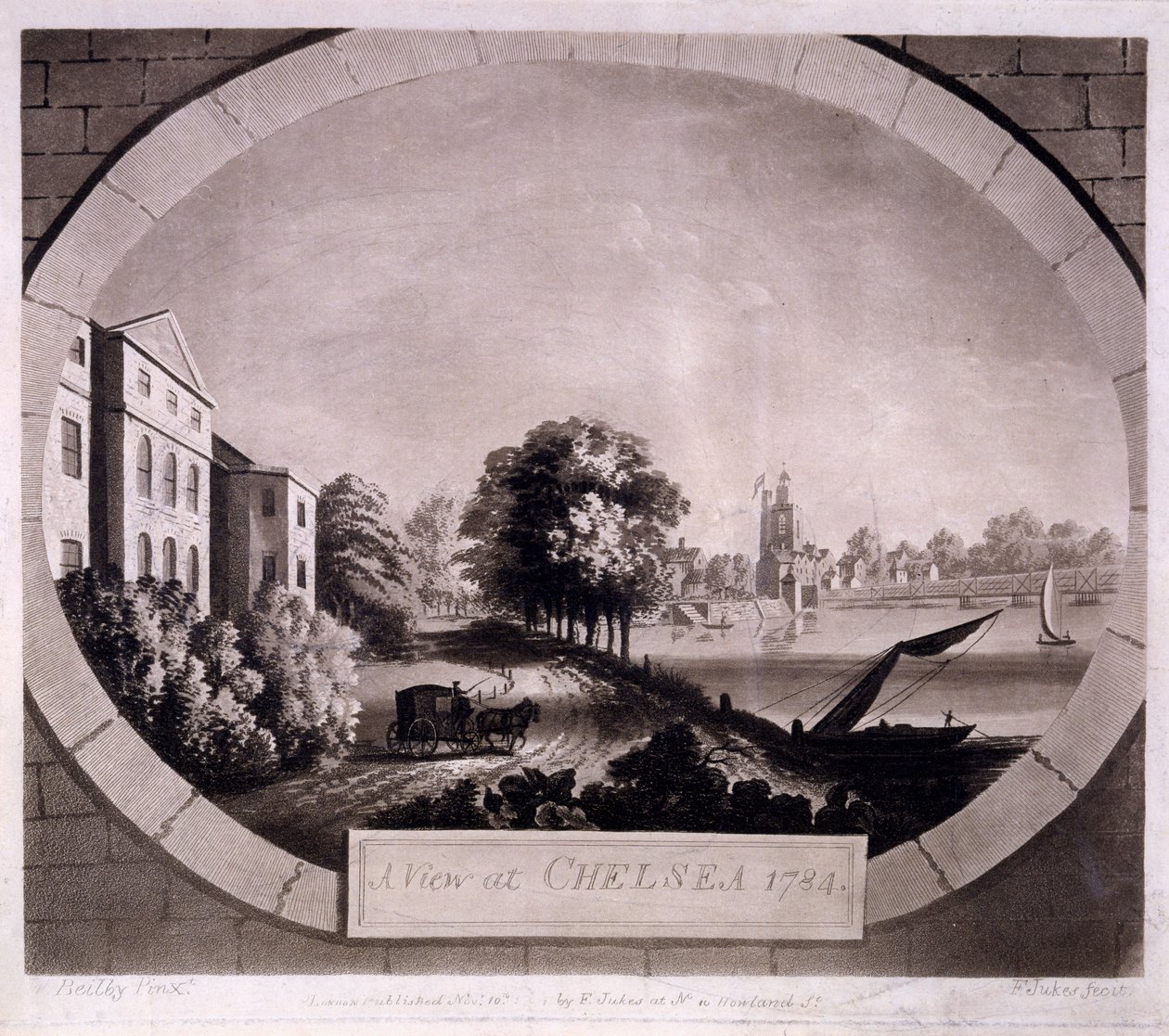 Näkymä Chelseassa, F. Jukesin painatus, 1784 (akvatintakaiverrus) tekijältä William Beilby