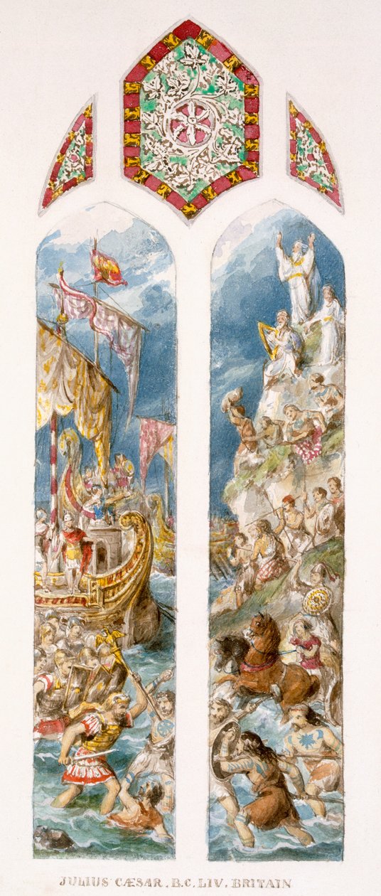 Julius Caesar saapuu Britannian rannoille, 54 eKr., trimareeneissä, joutuu puihin maalattujen brittien kimppuun, n. 1880 tekijältä William Bell and Boyd, Alice Scott