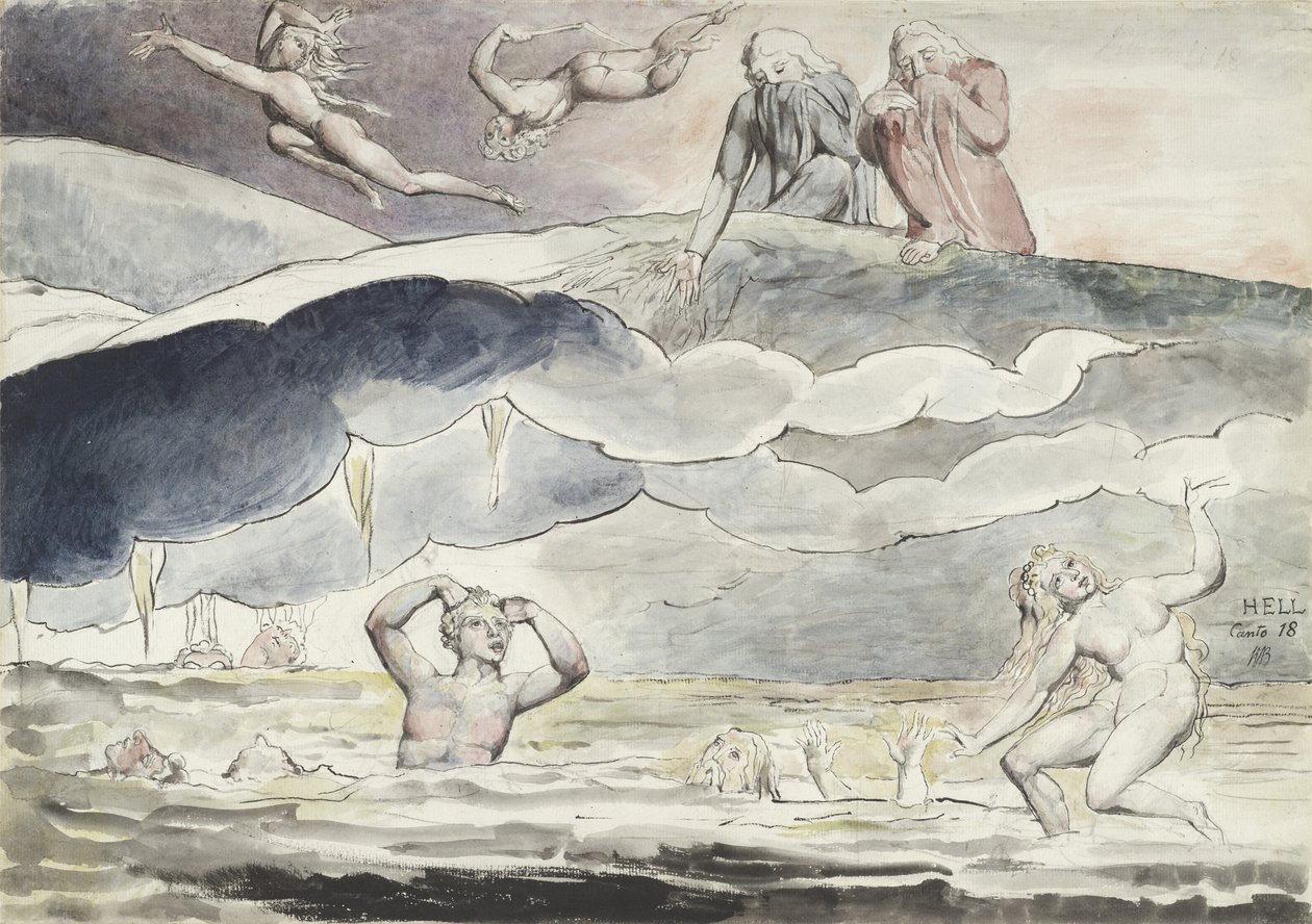 Dante ja Virgil katsovat imartelijoiden ojaan, kuvitus Dante Alighierin "jumalalliseen komediaan", 1824-27 tekijältä William Blake