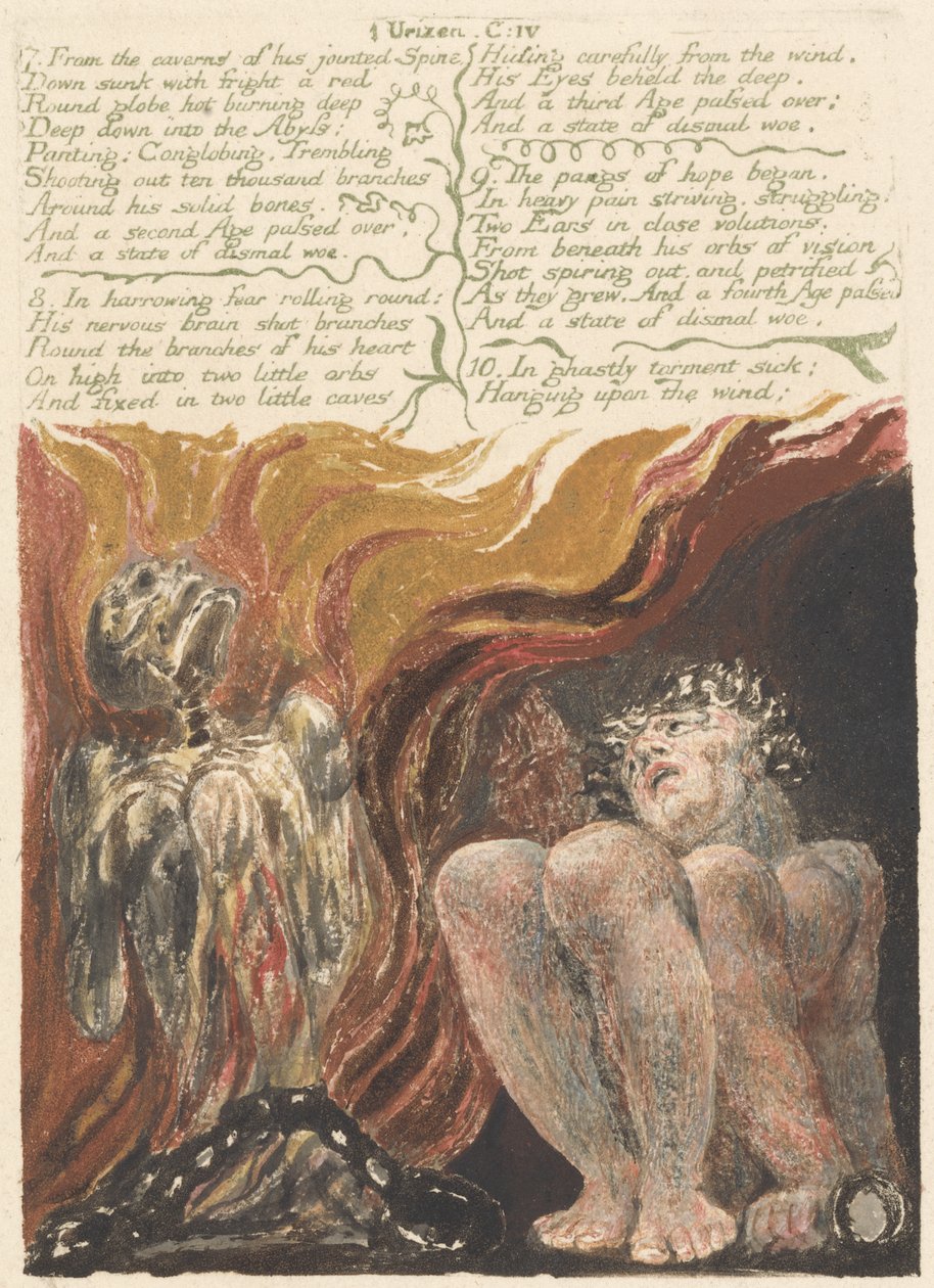 7. Hänen nivelletyn selkärangan luolista..., levy 14 Urizenin ensimmäisestä kirjasta, 1794 (väripainettu kohokuvio musteella ja wc:llä paperille) tekijältä William Blake