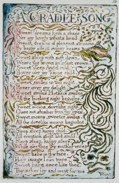 A Cradle Song, pl. 1 kuvitus teoksesta Songs of Innocence and of Experience (Bentley Copy L) pl.16 (Bentley 16) 1789-94 (reliefietsaus kynällä ja wc:llä paperille) tekijältä William Blake
