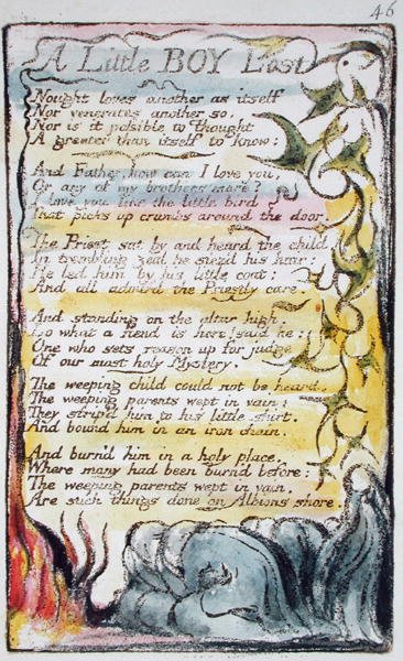 A Little Boy Lost, levy 46 (Bentley 50) julkaisusta Songs of Innocence and of Experience (Bentley Copy L) 1789-94 (kohotettu etsaus kynällä ja wc:llä) tekijältä William Blake