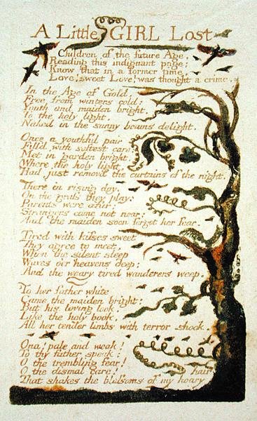 Pieni tyttö kadonnut, levy 43 Songs of Experiencesta, 1789 (väripainettu reliefietsaus wc:llä paperille) tekijältä William Blake