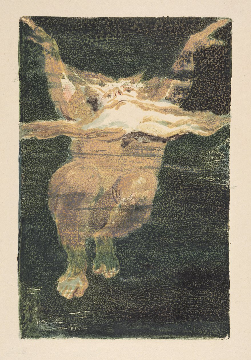 Alaston mies, jolla on kelluva valkoinen parta, levy 5 julkaisusta "The First Book of Urizen", 1794 (väripainettu kohokuvio wc:llä) tekijältä William Blake