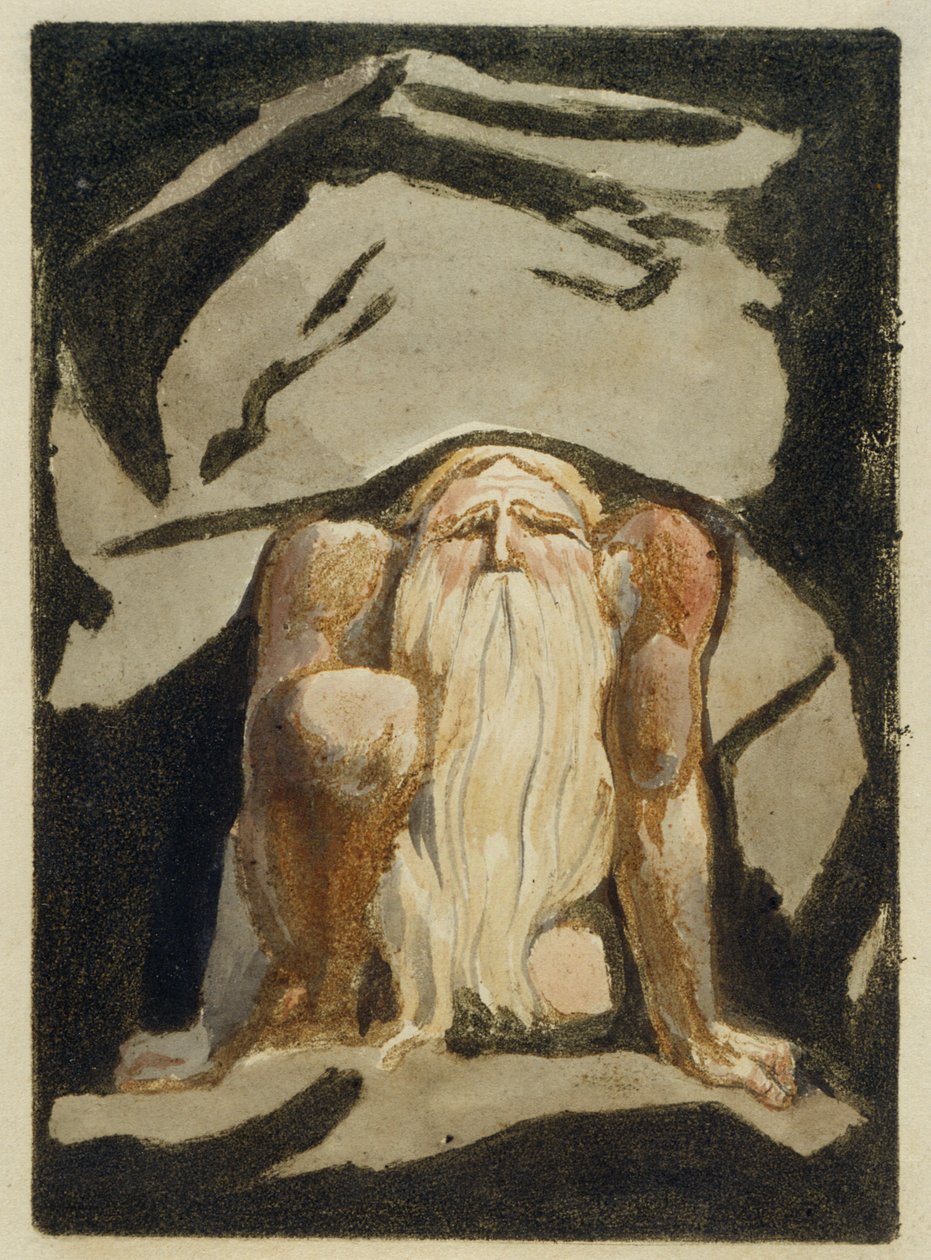 "Alaton mies, jolla on pitkä parta, polvistuu, toinen polvi koholla ja molemmat kädet maassa", levy 23 julkaisusta "The First Book of Urizen", 1794 (väripainettu kohokuvio musteella ja wc:llä paperille) tekijältä William Blake