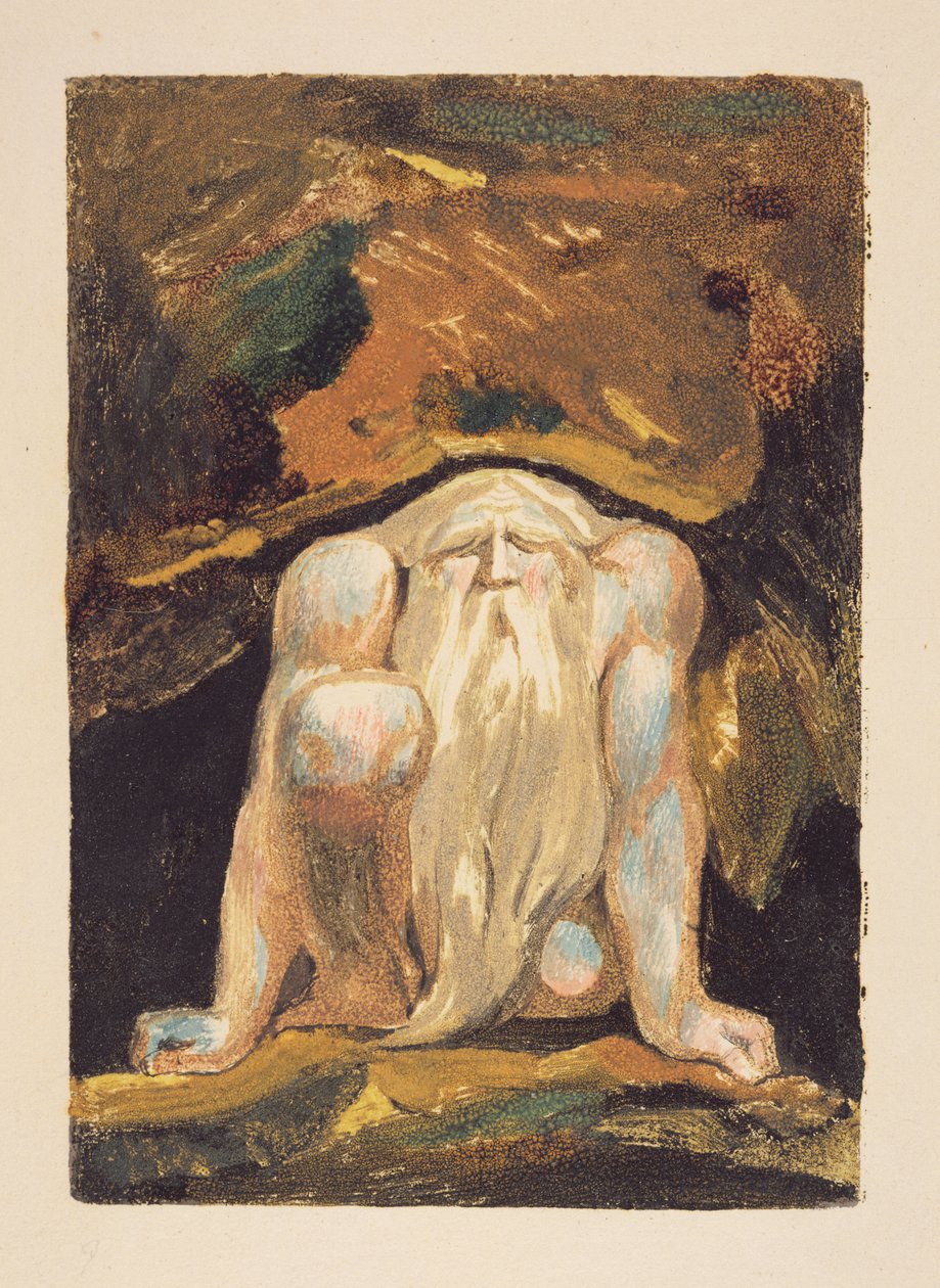 Alaston mies, jolla on pitkä parta, polvistuu, toinen polvi kohotettuna ja molemmat kädet maassa, levy 8 julkaisusta "The First Book of Urizen", 1794 (väripainettu kohokuvio wc:llä) tekijältä William Blake