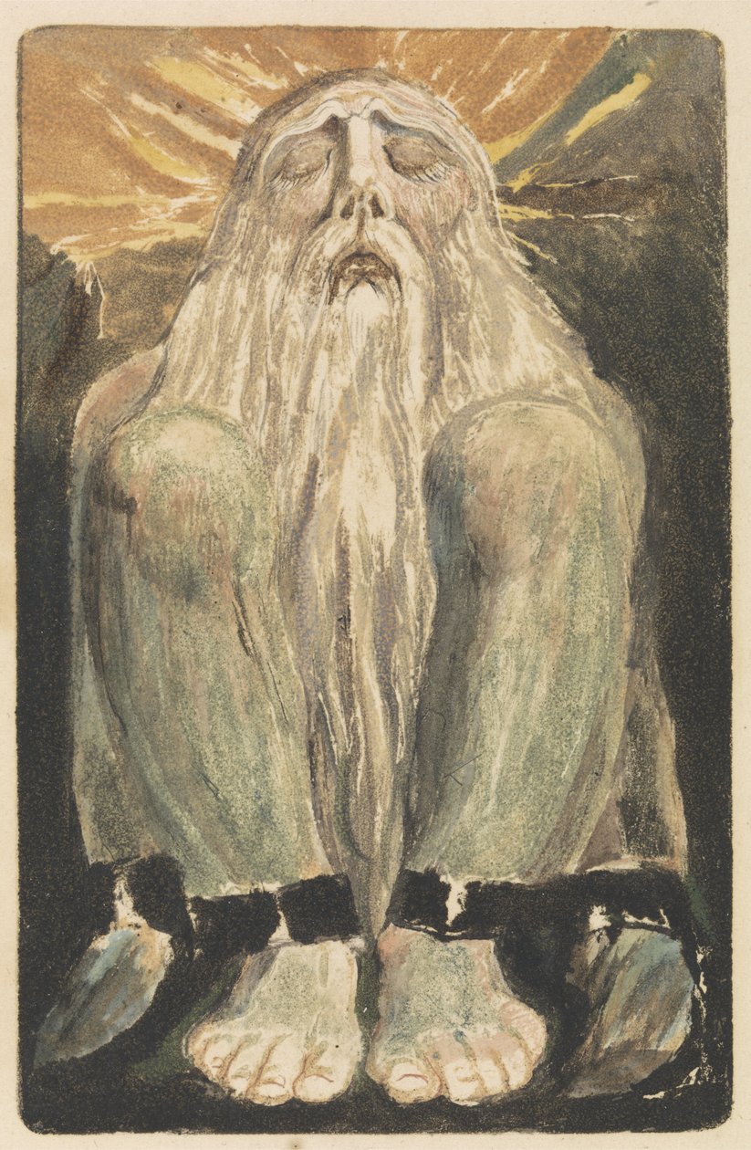 Alaston mies, jolla on pitkä valkoinen parta, istuu maassa polvet ylhäällä ja silmät kiinni, levy 12 Urizenin ensimmäisestä kirjasta, 1794 (reliefetsaus wc:llä) tekijältä William Blake