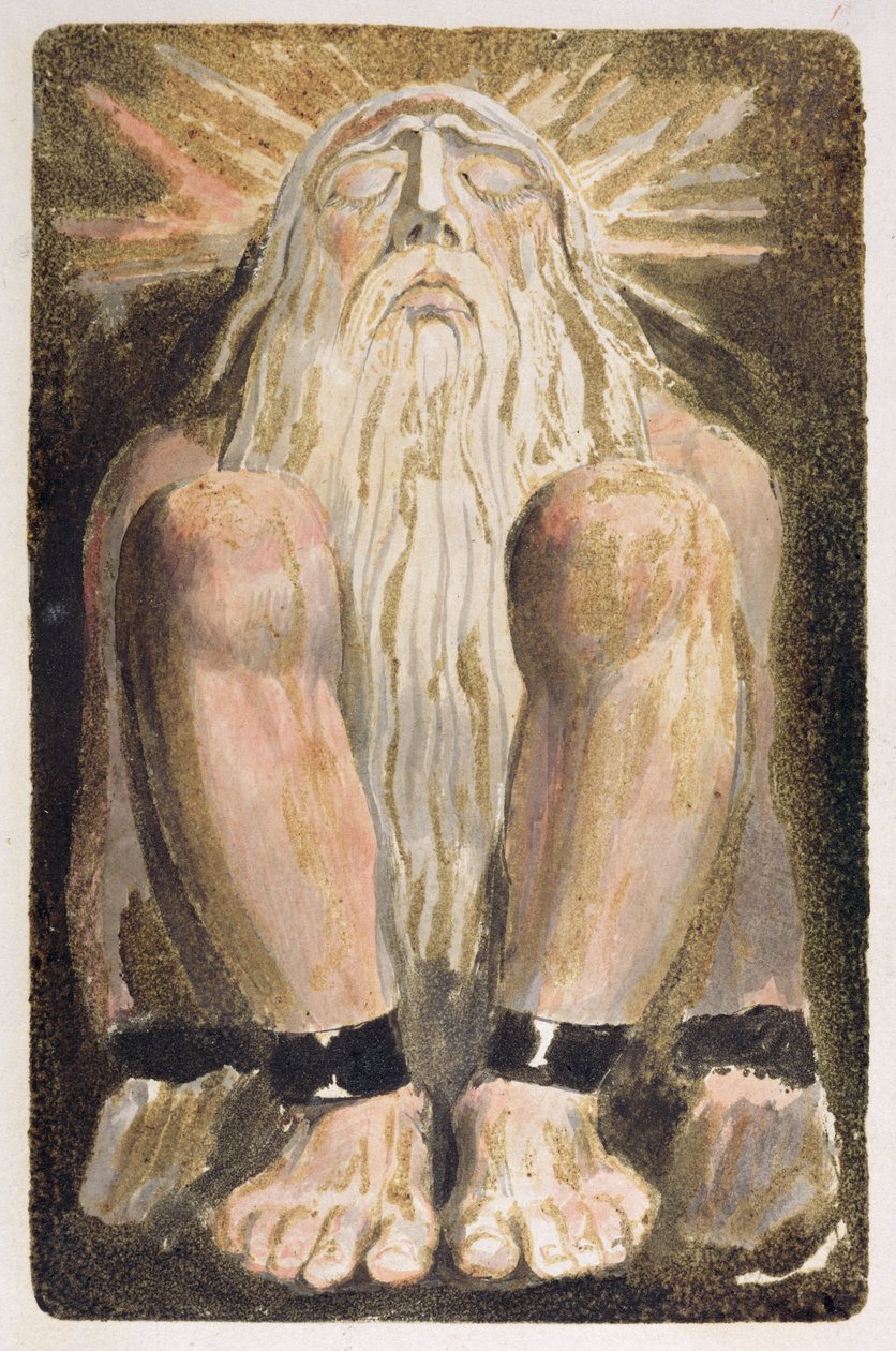 Alaston mies, jolla on pitkä, valkoinen parta, levy 3 Urizenin ensimmäisestä kirjasta, 1794 (väripainettu kohokuvio musteella ja wc paperille) tekijältä William Blake