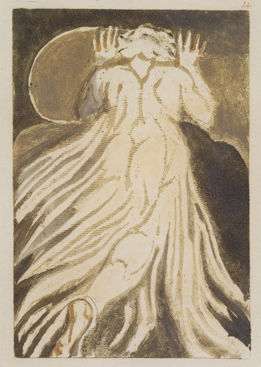 "Valkohiuksinen mies, jolla on pitkä, vaalea kaapu ja joka pakenee meitä kädet kohotettuna", levy 28 teoksesta "The First Book of Urizen", 1794 (väripainettu kohopainatuksellinen kaiverrus, jossa on mustetta ja wc:tä paperilla). tekijältä William Blake