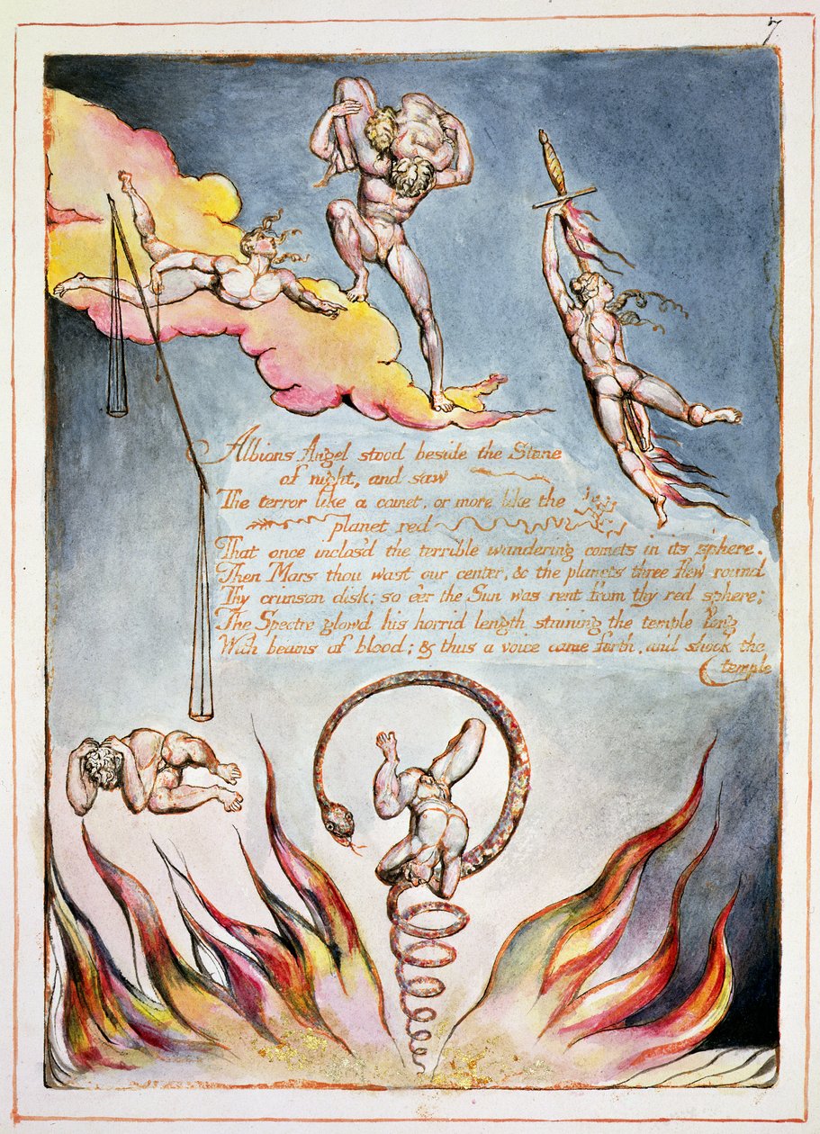 Albionin enkeli seisoi vieressä, levy 5 julkaisusta "America, a Prophecy", 1793 (reliefi etsaus ja wc paperilla) tekijältä William Blake