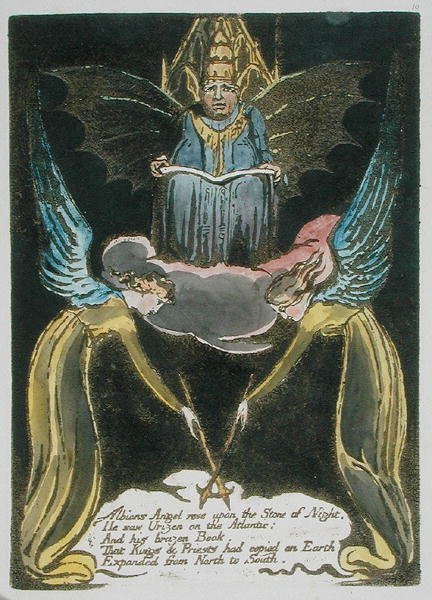 Albions Angel rose..., levy 12 Euroopasta. Profetia, 1794 (reliefi etsaus wc:llä ja öljyllä paperille) tekijältä William Blake