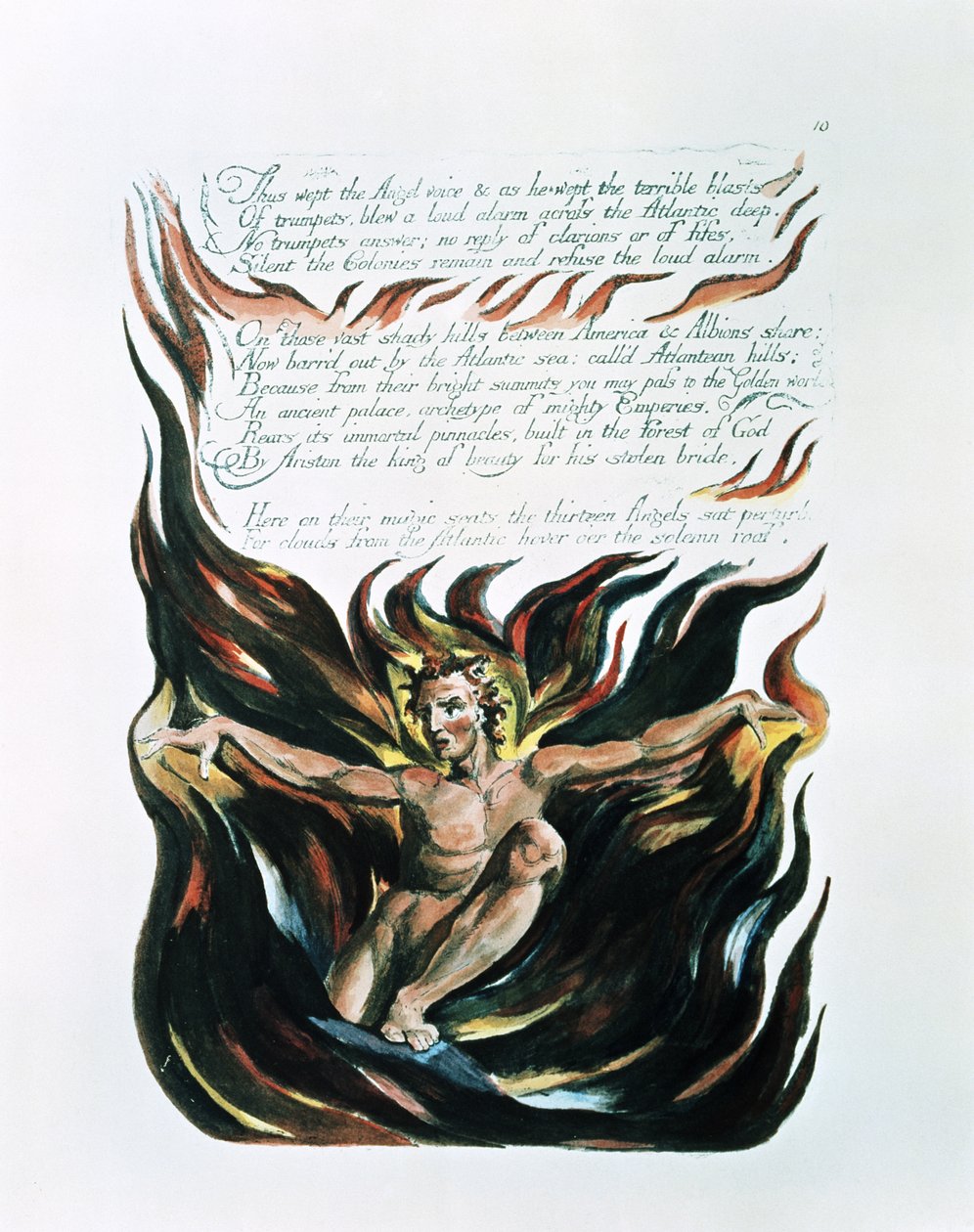 Amerikka profetia; "Näin itki enkeliääni", örkin (energian ruumiillistuma) ilmaantuminen vankeudesta, johon hänen vanhempansa Los ja Enitharmon olivat antaneet hänet, 1793 (reliefi etsaus tekijältä William Blake