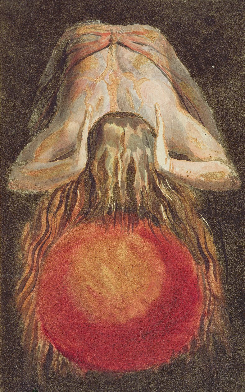 Ja jätti pyöreän veripallon, Trembling upon the Void..., levy 11 julkaisusta "The First Book of Urizen", 1794 (väripainettu kohokuvio musteella ja wc:llä) tekijältä William Blake
