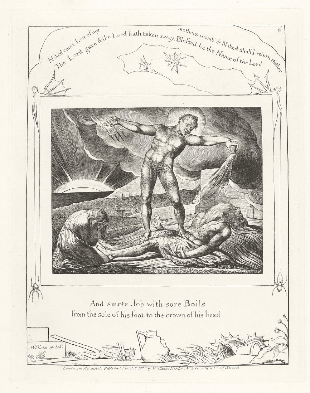 Ja löi Jobia kipeillä paiseilla jalkapohjasta pään kruunuun, 1825 tekijältä William Blake