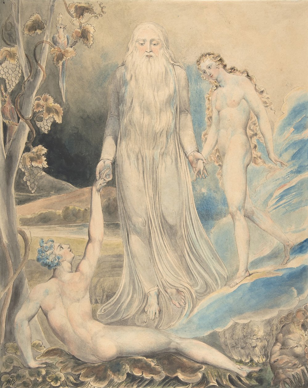 Jumalallisen läsnäolon enkeli tuo Eevan Aadamin luo, n. 1803 tekijältä William Blake