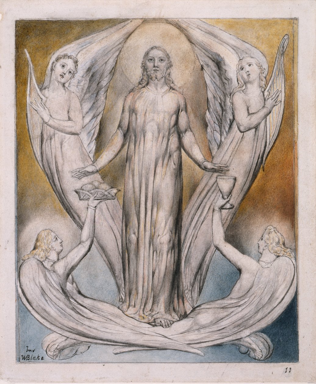 Enkelit palvelevat Kristusta, John Miltonin kuvitus "Paratiisista takaisin", n. 1816-1818 (kynä ja muste, harmaa pesu ja wc paperilla) tekijältä William Blake
