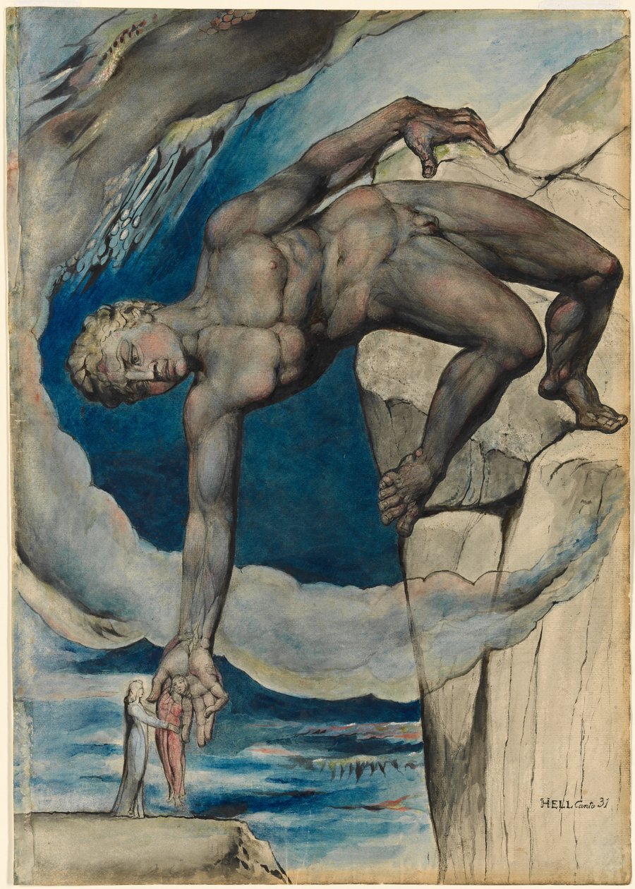 Antaeus laskeutui Danten ja Virgilin luo helvetin viimeiseen ympyrään tekijältä William Blake
