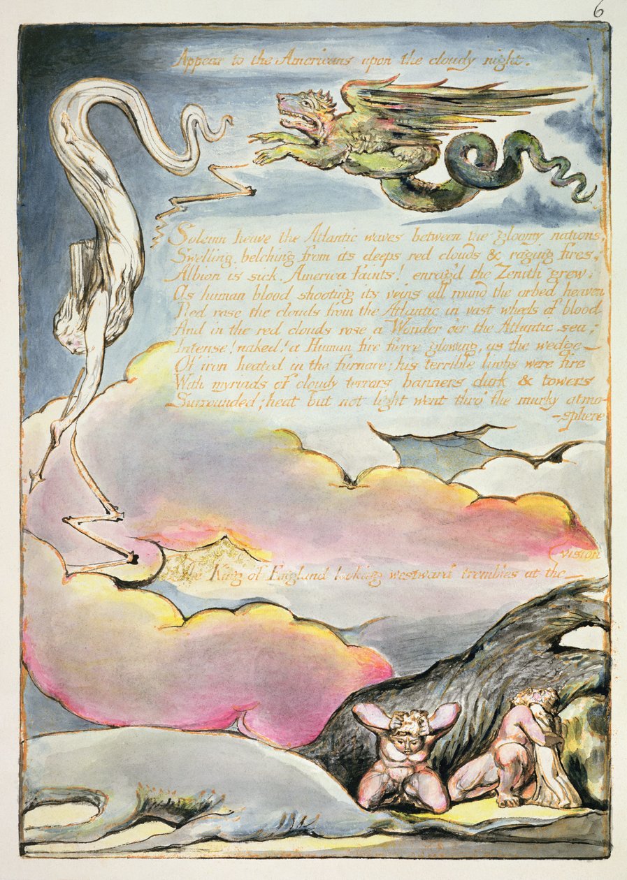 Näkyy amerikkalaisille, levy 4 julkaisusta "America, a Prophecy", vuodelta 1793 (reliefi etsaus ja wc paperilla) tekijältä William Blake