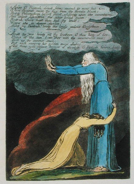 Nouse O Rintrah... levy 9 Euroopasta. Profetia, 1794 (tummanruskeaksi painettu kohokuvio, wc ja öljy paperille) tekijältä William Blake