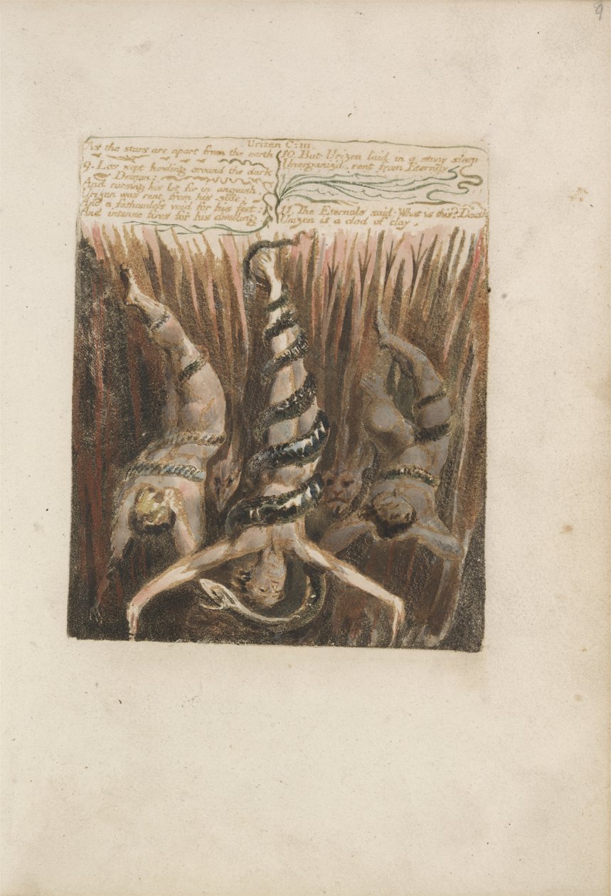 Koska tähdet ovat erillään maasta..., levy 9 julkaisusta The First Book of Urizen, 1794 (väripainettu kohokuvio musteella ja wc:llä) tekijältä William Blake