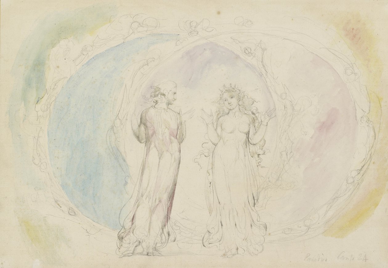 Beatrice ja Dante Kaksosissa, liekin pallojen keskellä, kuvitus "Jumalalliseen komediaan", Paradiso, 1825-27 (wc kynällä ja musteella grafiitin päällä) tekijältä William Blake