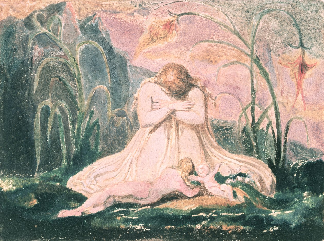 Kirja Thel; Thel nojaten "Matron Clayn" ja madon ylle, 1789 (väripainettu kohokuvioetsaus) tekijältä William Blake