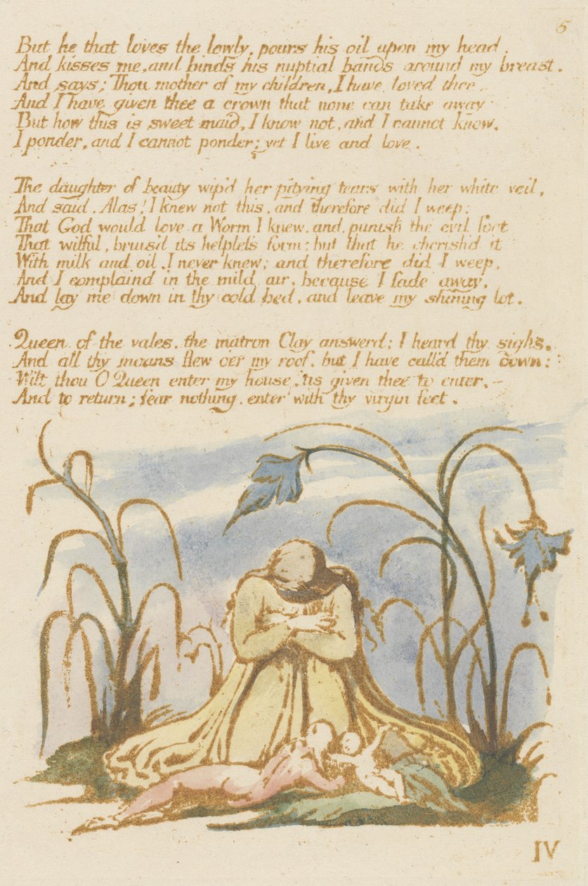 Mutta se, joka rakastaa nöyryyttä..., levy 7 The Book of Thel -kirjasta, 1789 (ruskealla wc:llä painettu kohokuvioetsaus) tekijältä William Blake