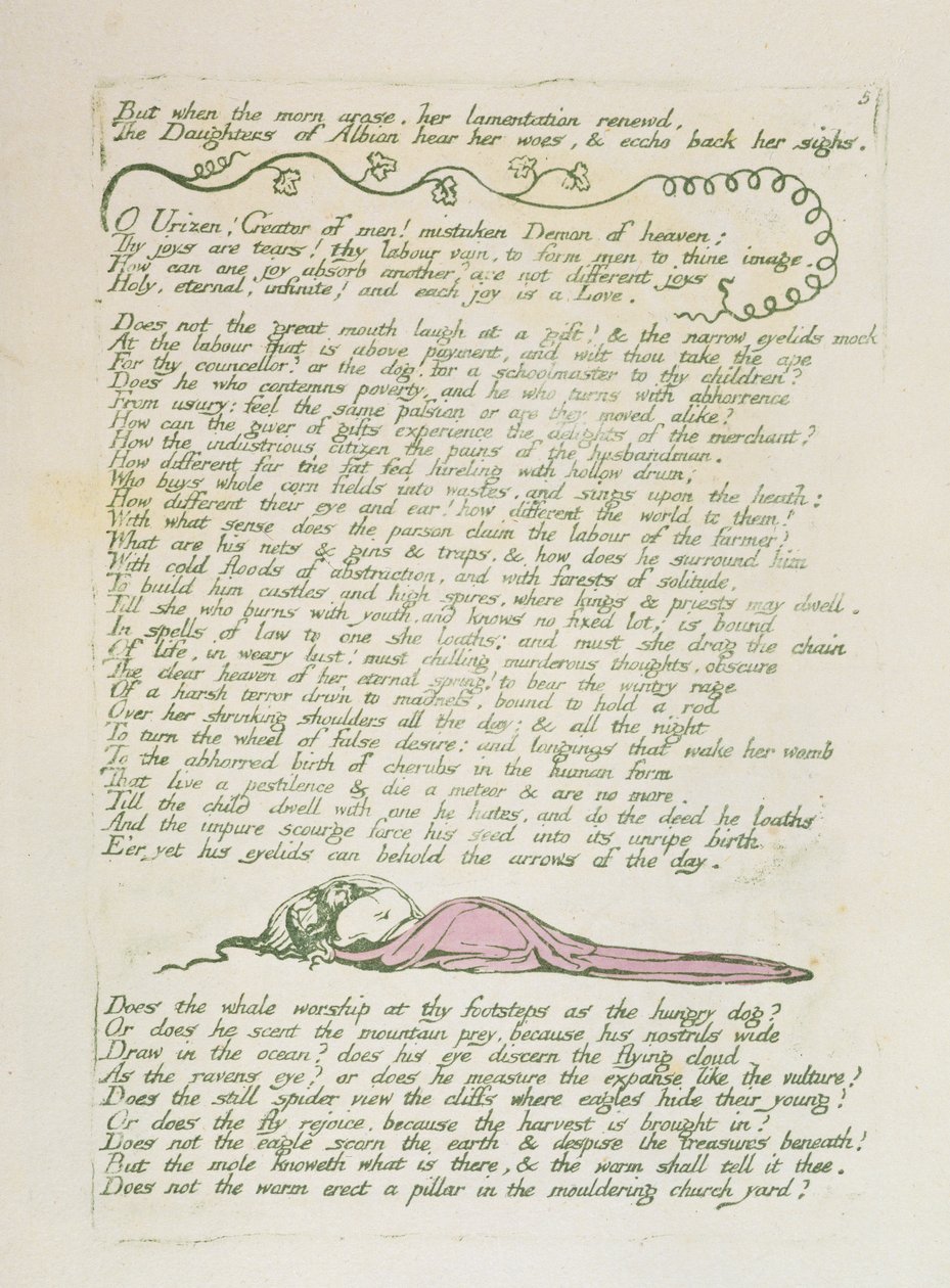 "Mutta kun aamu koitti...", levy 8 teoksesta "Visions of the Daughters of Albion", 1793 (reliefisyövytys vihreällä painettu wc:llä) tekijältä William Blake