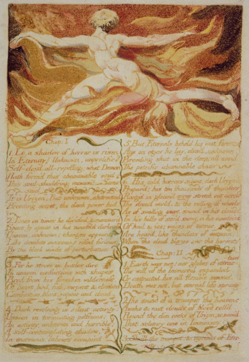 Kap. Minä, Lo, varjo..., levy 5 Urizenin ensimmäisestä kirjasta, 1794 (väripainettu kohokuvio musteella ja wc:llä) tekijältä William Blake