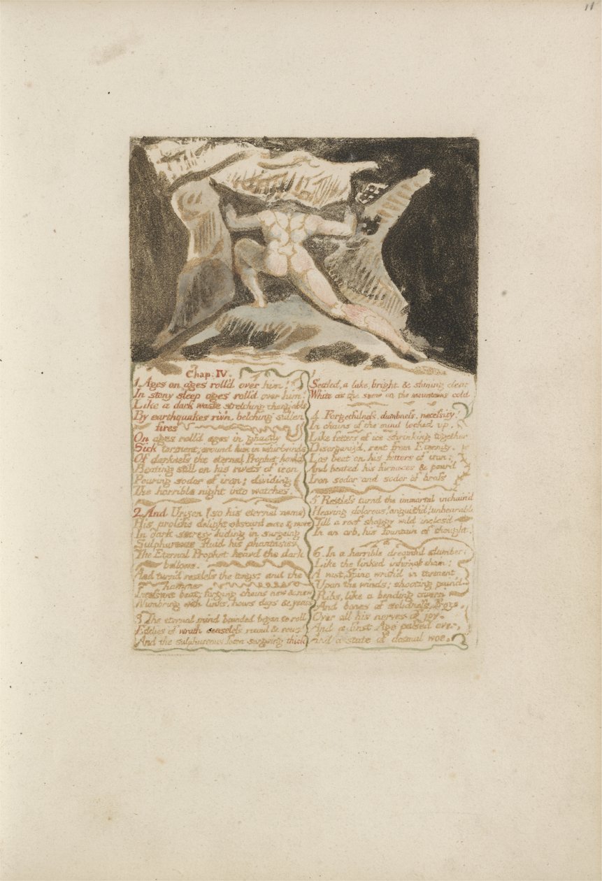 Kappale: IV, Ages on ages rolled over him..., levy 13 kirjasta The First Book of Urizen, 1794 (väripainettu kohokuvio musteella ja wc:llä) tekijältä William Blake