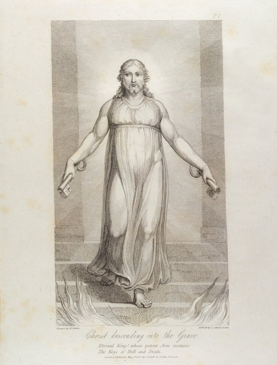 Kristus laskeutuu hautaan, s. 3, kuvitus William Blaken (1757-1827) teoksesta "The Grave, A Poem", kaiverrus Luigi Schiavonetti (1765-1810), 1808 tekijältä William Blake