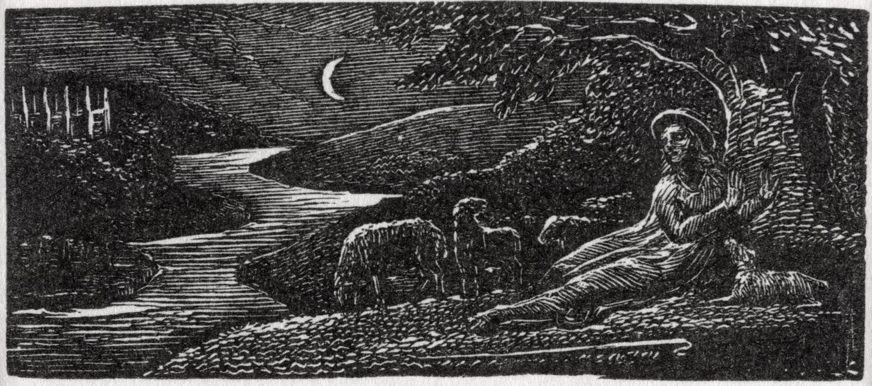 Colinet lepää Cambridgessa yöllä, kuvitus tohtori Thorntonin teoksesta "The Pastorals of Vergil" tekijältä William Blake