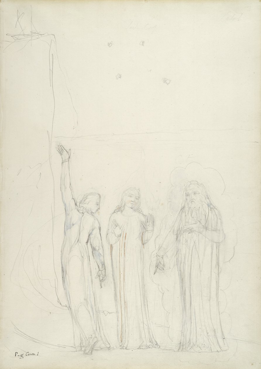 Dante, Vergilius ja Cato, kuvitus Dante Alighierin jumalalliseen komediaan, 1824-27 (kynä musteella ja wc paperilla) tekijältä William Blake