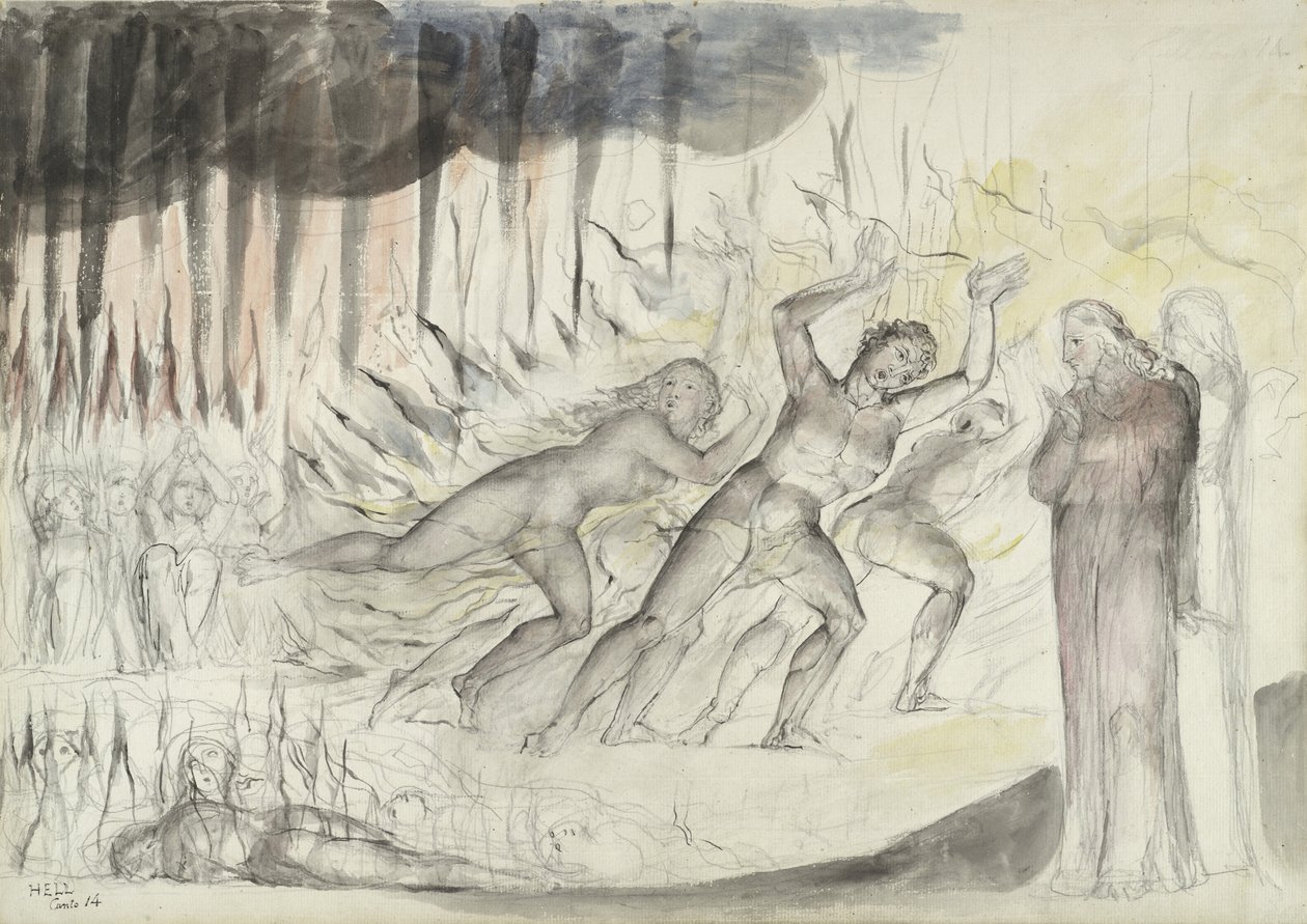 Dante ja Vergilius pilkkaajien joukossa, kuvitus Dante Alighierin jumalalliseen komediaan, 1824-27 (kynä ja muste wc:llä lyijykynällä ja liidulla paperilla) tekijältä William Blake