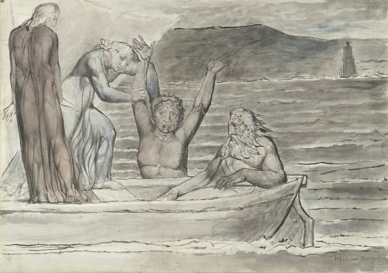 Filippo Argenti, kuvitus Dante Alighierin Jumalalliseen komediaan, 1824-27 (kynällä ja tussilla sekä lyijykynällä ja liidulla paperille). tekijältä William Blake