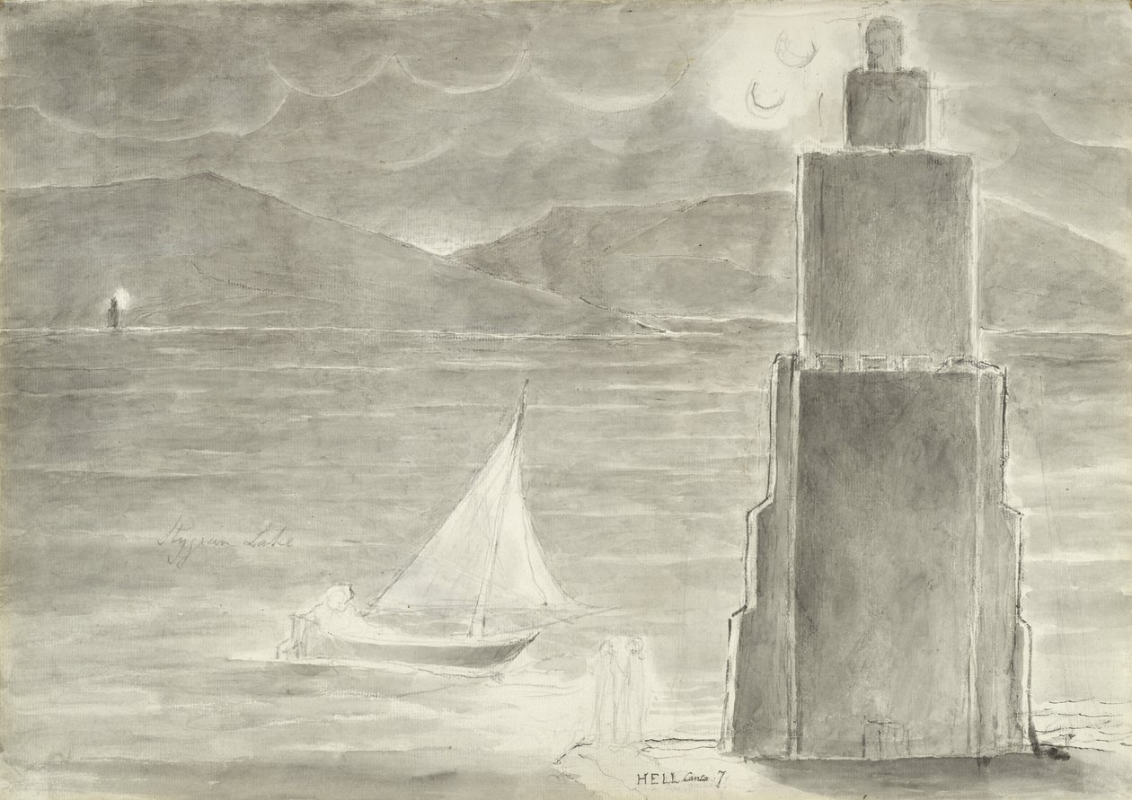 Dante ja Virgil Stygian-altaan reunalla, kuvitus Dante Alighierin jumalalliseen komediaan, 1824-27 (kynä ja muste wc:llä, pesu ja liitu paperille) tekijältä William Blake