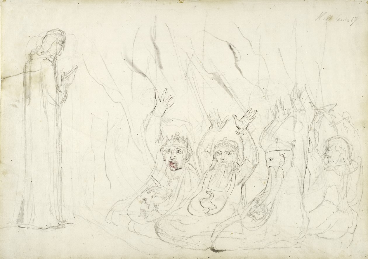 Dante ja koronkiskonnottajat, kuvitus Dante Alighierin jumalalliseen komediaan, 1824-27 (kynä ja pesu paperille) tekijältä William Blake
