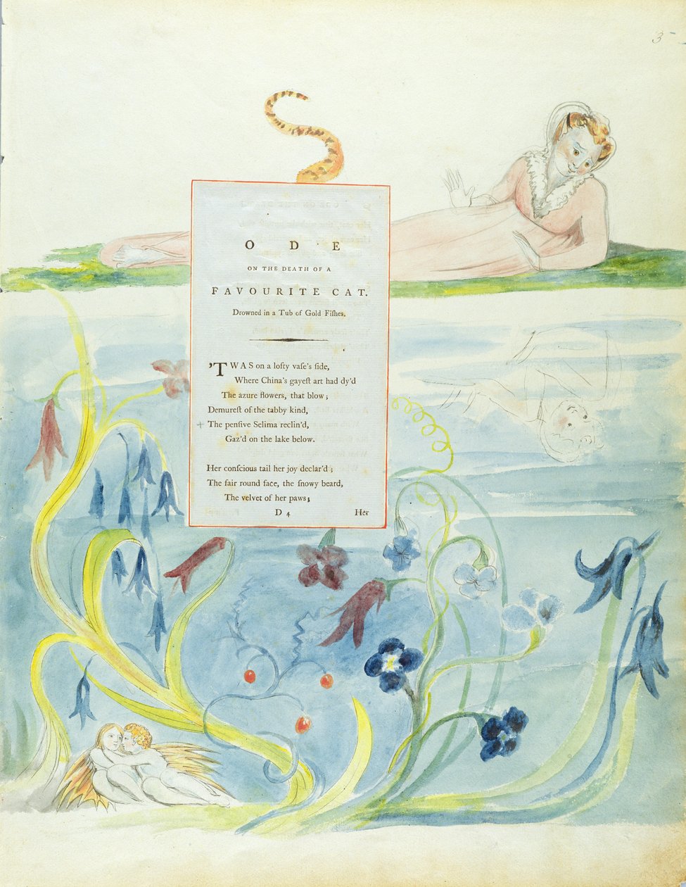 Suunnittelu 9 "Oodille suosikkikissan kuolemasta" teoksesta "The Poems of Thomas Gray", julkaistu 1797-98 (wc kynällä ja musteella paperilla) tekijältä William Blake