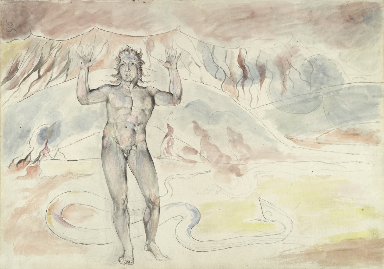 Donati muuttui käärmeeksi; Francesco deCavalcanti muuttui uudelleen mieheksi, kuvitus Dante Alighierin jumalalliseen komediaan, 1824-27 (kynä & muste wc:llä kynällä ja liitu paperille) tekijältä William Blake