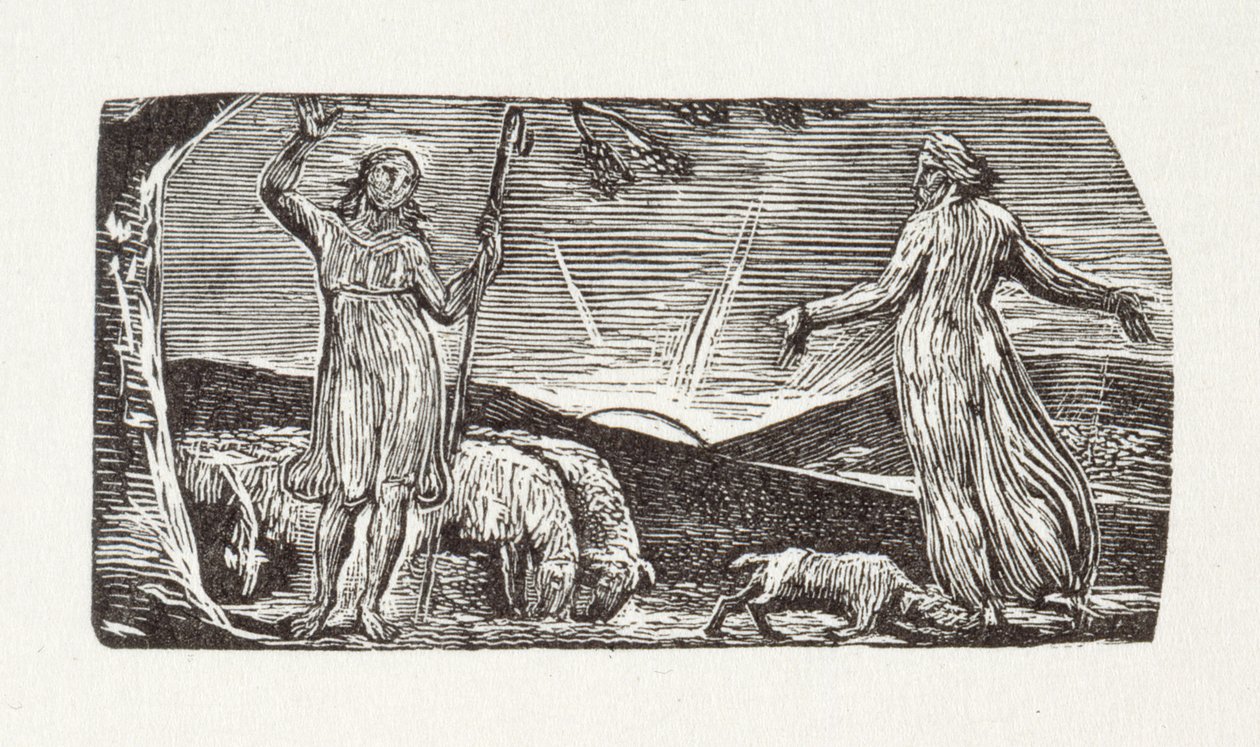 Jokainen olento, Thenot, on syntynyt tehtäväänsä, 1821 (puukaiverrus) tekijältä William Blake