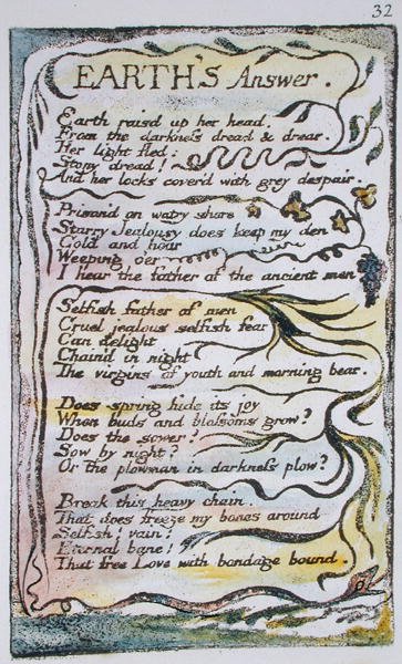 Earths Answer, levy 32 (Bentley 31) teoksesta Songs of Innocence and of Experience (Bentley Copy L) 1789-94 (reliefietsaus kynällä ja wc:llä) tekijältä William Blake