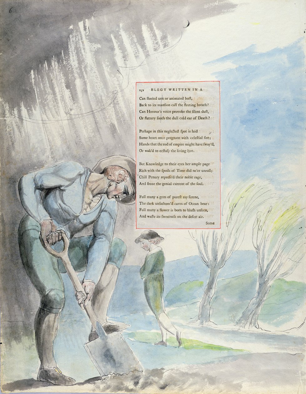 "Elegia kirjoitettu maalaiskirkkopihalla", kuvio 110 teoksesta "The Poems of Thomas Gray", 1797-1798 (wc kynällä ja musteella paperille) tekijältä William Blake