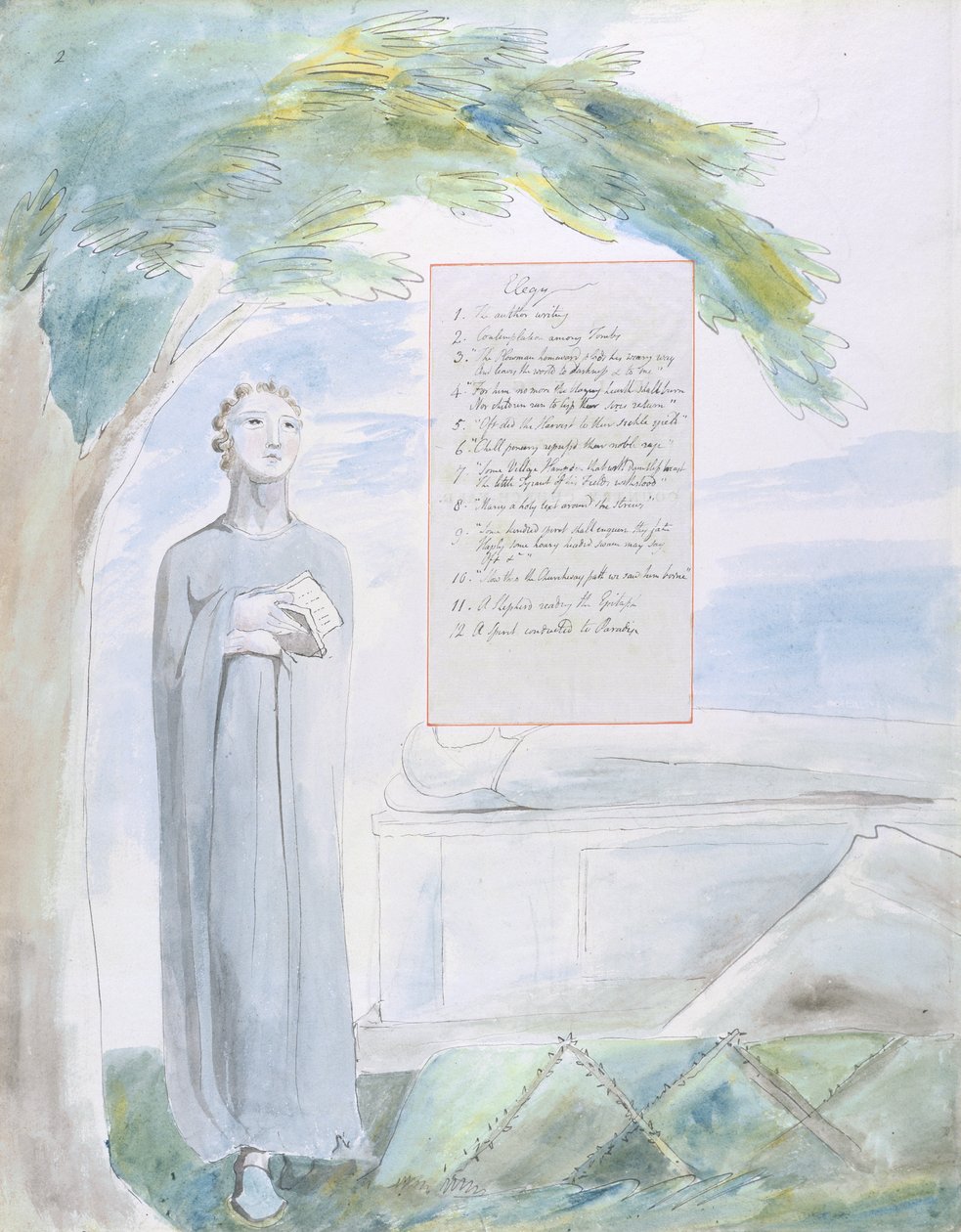 Elegia kirjoitettu maalaiskirkkopihalla, kuvio 106 Thomas Grayn runoista, 1797-98 (wc kynällä ja musteella paperille) tekijältä William Blake