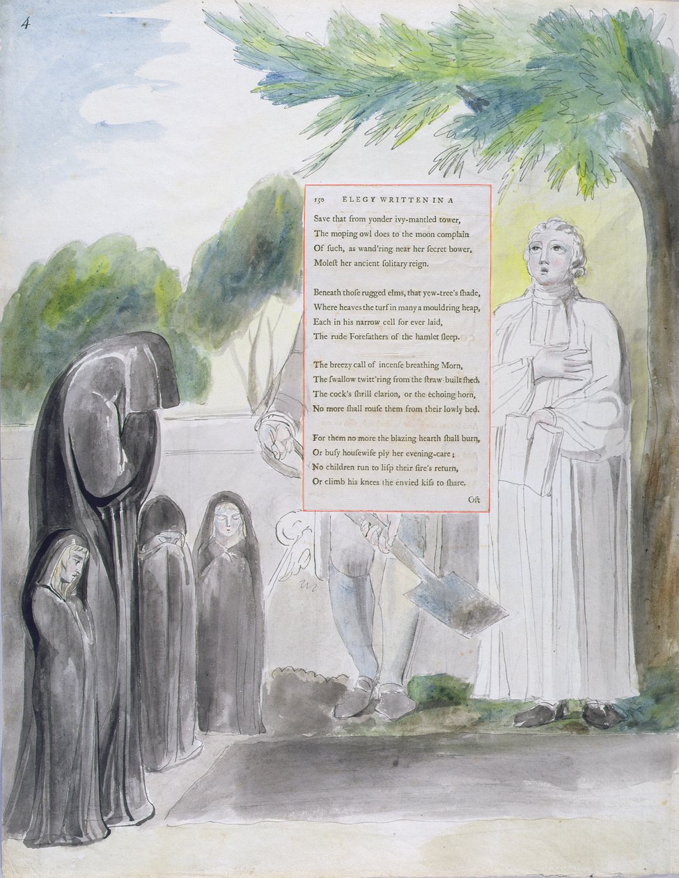 "Elegia kirjoitettu maalaiskirkkopihalle", kuvio 108 teoksesta "The Poems of Thomas Gray", 1797-98 (wc kynällä ja musteella paperille) tekijältä William Blake