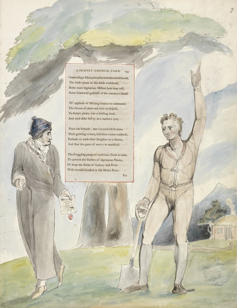 Elegia kirjoitettu maalaiskirkkopihalla, kuvio 111 Thomas Grayn runoista, 1797-98 (wc kynällä ja musteella paperille) tekijältä William Blake