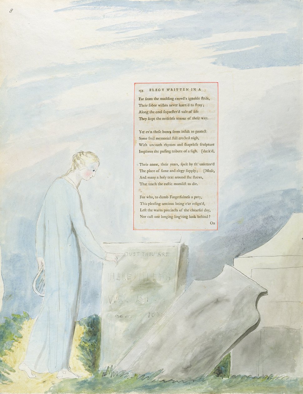 "Elegia kirjoitettu maalaiskirkkopihalle", kuvio 112 teoksesta "The Poems of Thomas Gray", 1797-98 (wc kynällä ja musteella paperille) tekijältä William Blake